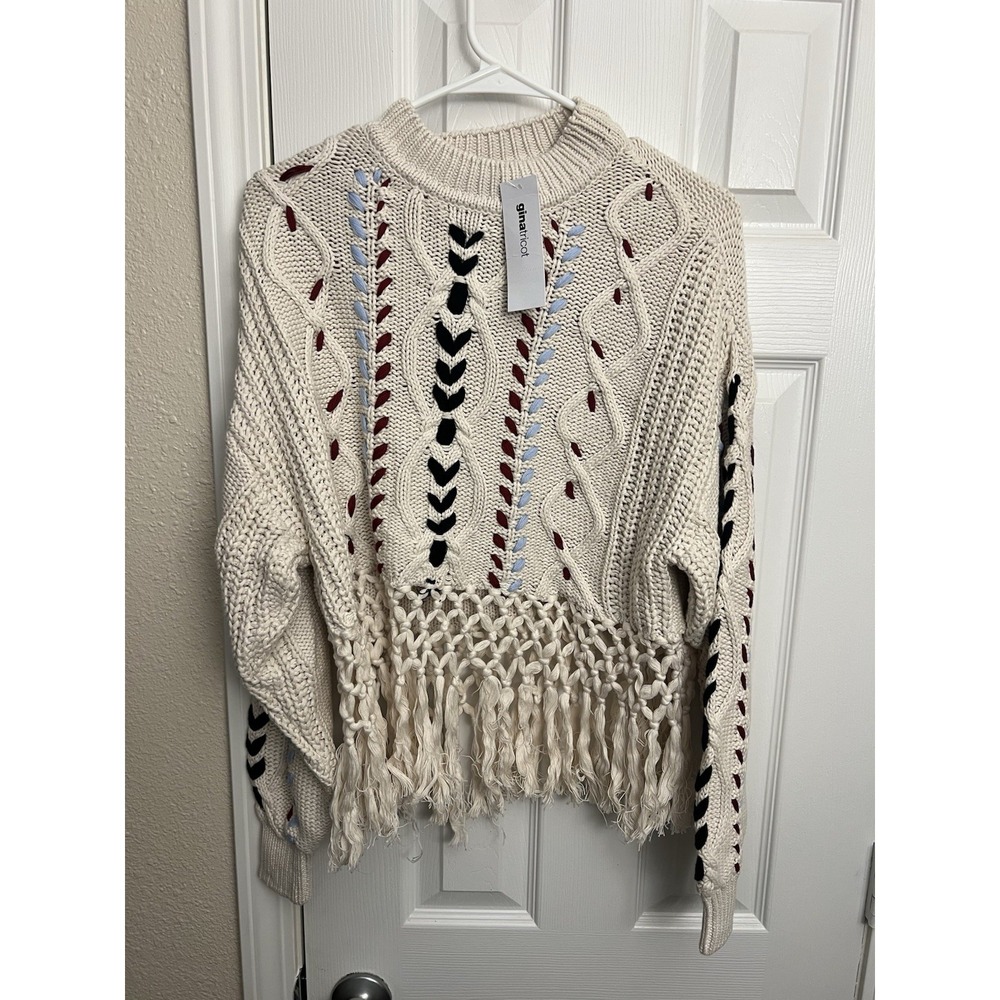 Gina Tricot Knitted Sweater Cable Knit Fringe Cream Women XS